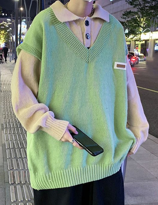 New Green Button Patchwork False Two Pieces Knit Mens Sweaters Spring