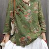 New Green Chinese Button Print Linen Blouses Bracelet Sleeve