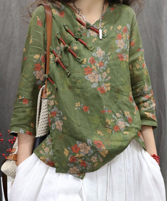 New Green Chinese Button Print Linen Blouses Bracelet Sleeve