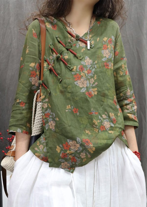 New Green Chinese Button Print Linen Blouses Bracelet Sleeve