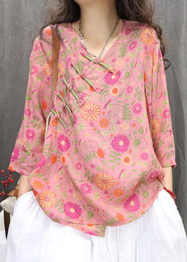 New Green Chinese Button Print Linen Blouses Bracelet Sleeve - Image 2