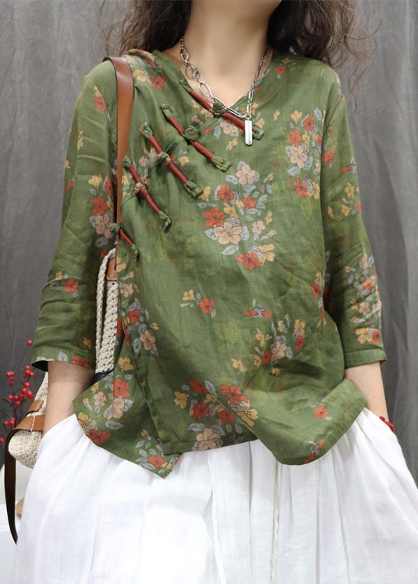New Green Chinese Button Print Linen Blouses Bracelet Sleeve - Image 4