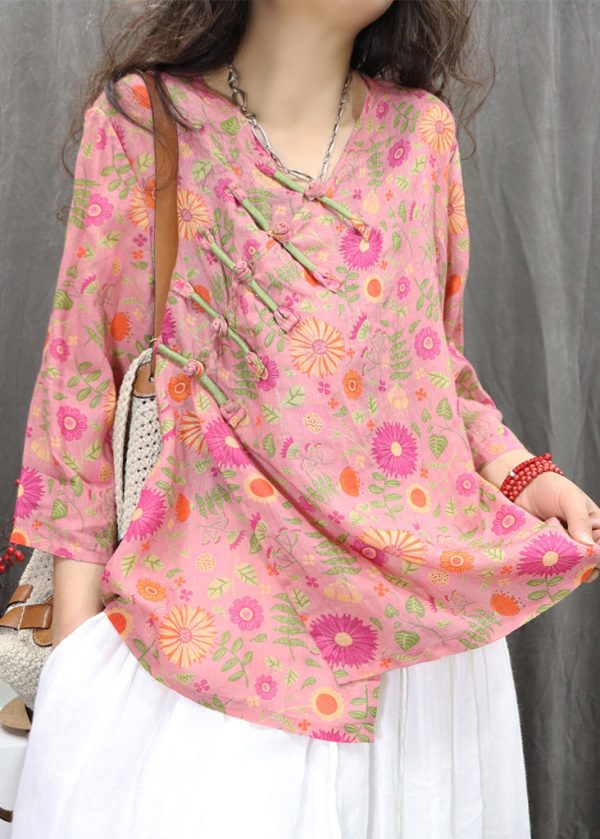 New Green Chinese Button Print Linen Blouses Bracelet Sleeve - Image 5