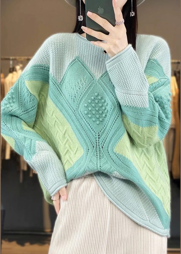 New Green O-Neck Patchwork Woolen Knit Sweater Spring - Image 3