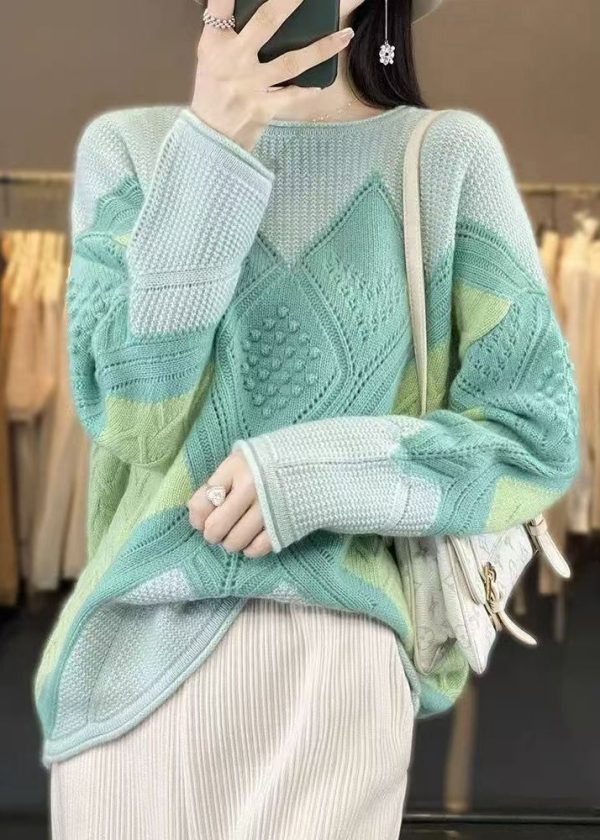 New Green O-Neck Patchwork Woolen Knit Sweater Spring - Image 4
