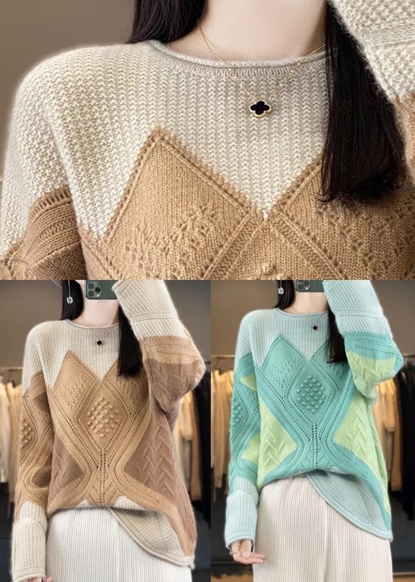 New Green O-Neck Patchwork Woolen Knit Sweater Spring - Image 5