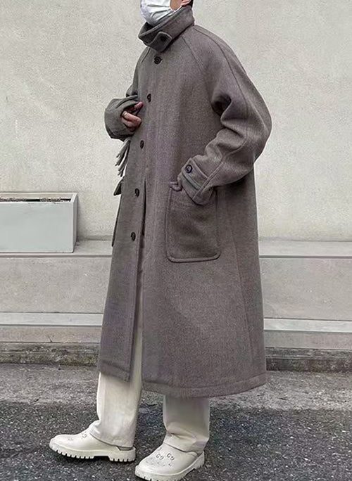 New Grey Button Pockets Woolen Men Long Coats Winter