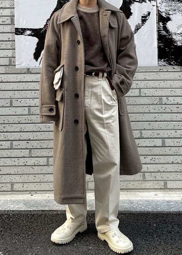 New Grey Button Pockets Woolen Men Long Coats Winter - Image 2