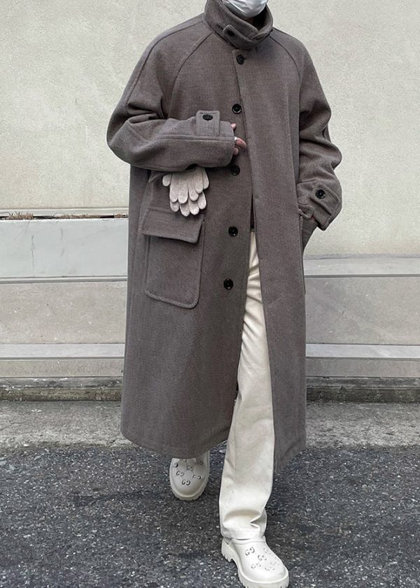 New Grey Button Pockets Woolen Men Long Coats Winter - Image 3