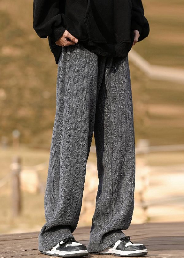 New Grey Pockets Elastic Waist Warm Fleece Men Pants Spring - Image 4