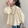 New Khaki O-Neck Print Cotton Girls Shirt Long Sleeve