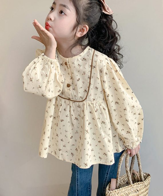 New Khaki O-Neck Print Cotton Girls Shirt Long Sleeve