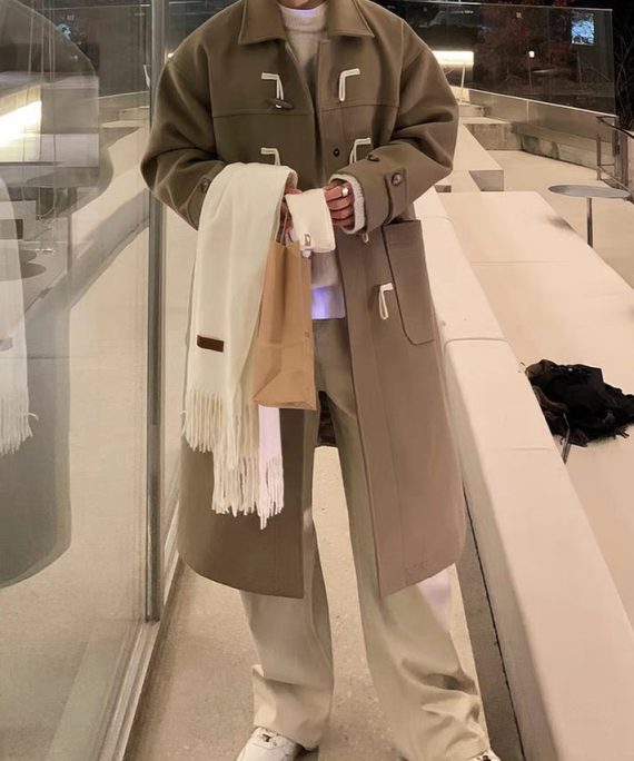 New Khaki Peter Pan Collar Button Pockets Woolen Men Coat Winter