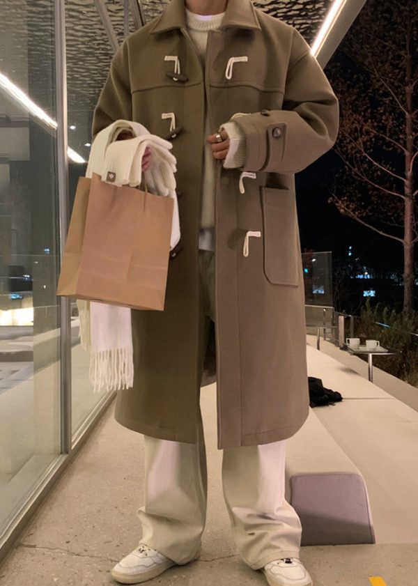 New Khaki Peter Pan Collar Button Pockets Woolen Men Coat Winter - Image 3