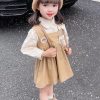 New Khaki Peter Pan Collar False Two Pieces Cotton Girls Dress Long Sleeve