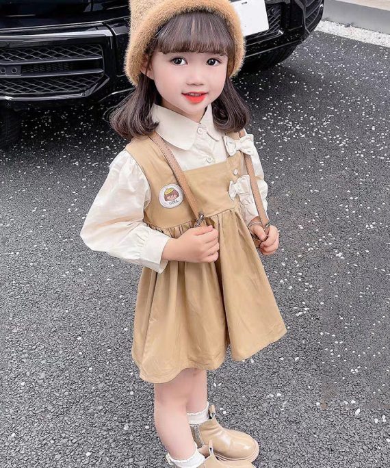 New Khaki Peter Pan Collar False Two Pieces Cotton Girls Dress Long Sleeve