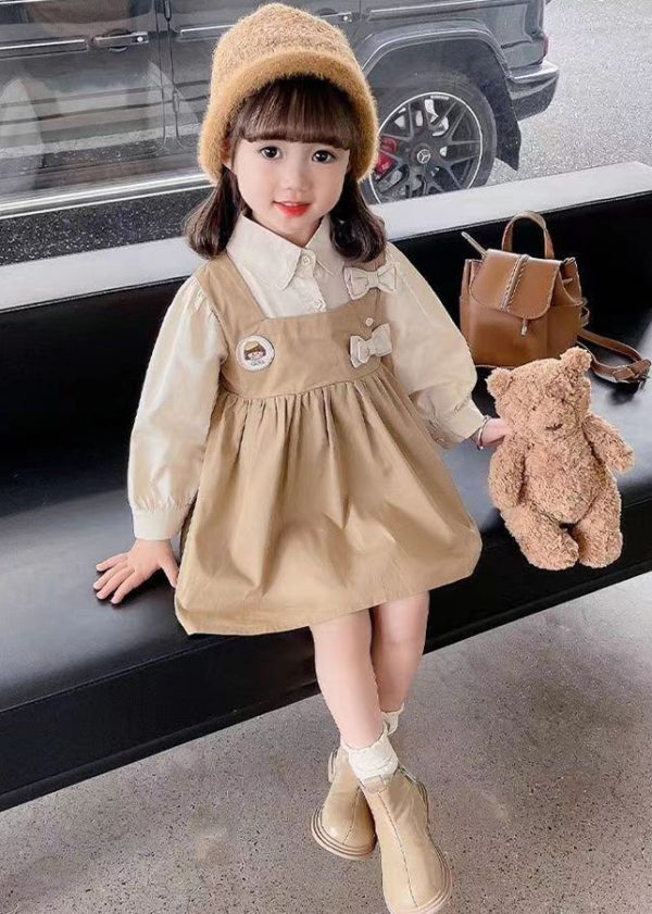 New Khaki Peter Pan Collar False Two Pieces Cotton Girls Dress Long Sleeve - Image 2