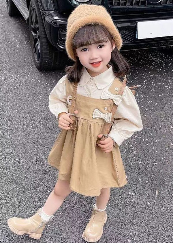 New Khaki Peter Pan Collar False Two Pieces Cotton Girls Dress Long Sleeve - Image 4