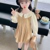 New Khaki Wrinkled False Two Pieces Cotton Girls Long Dress Fall