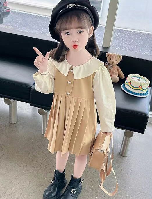 New Khaki Wrinkled False Two Pieces Cotton Girls Long Dress Fall