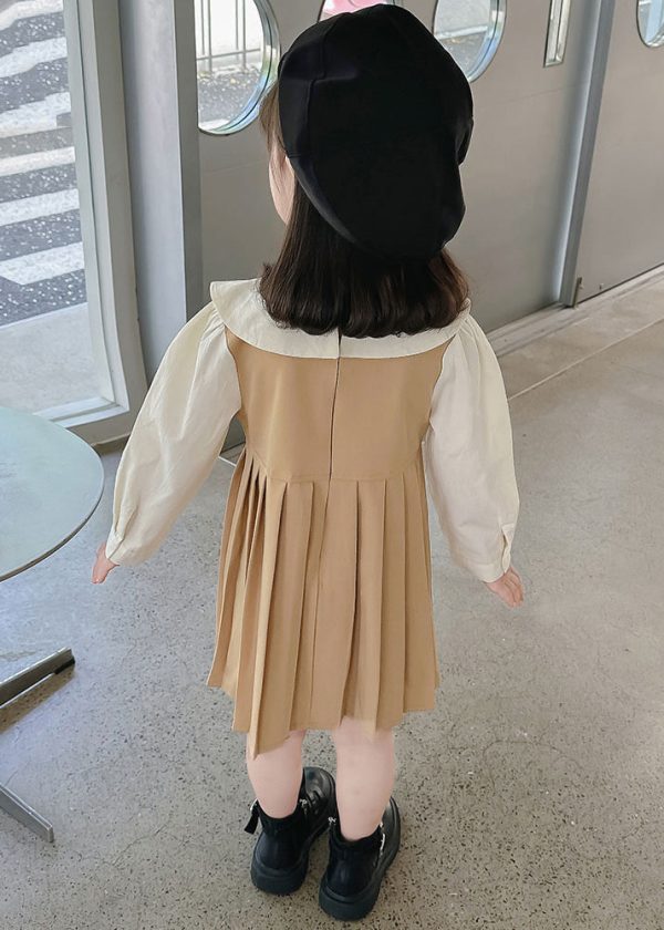 New Khaki Wrinkled False Two Pieces Cotton Girls Long Dress Fall - Image 5