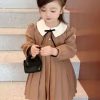 New Khaki Wrinkled Solid Cotton Girls Dresses Fall