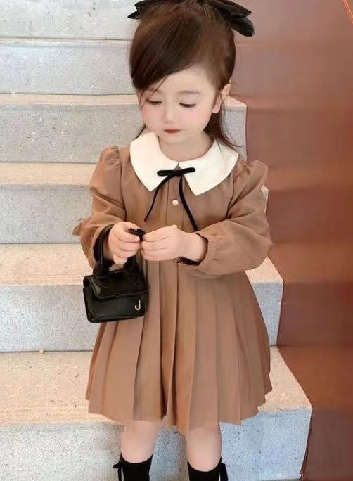 New Khaki Wrinkled Solid Cotton Girls Dresses Fall