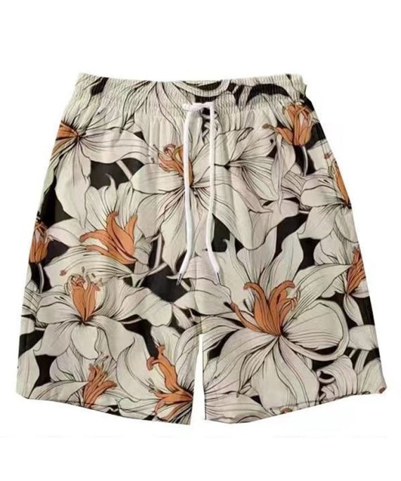 New Light Khaki Lace Up Print Elastic Waist Cotton Mens Shorts Summer