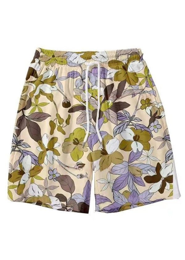 New Light Khaki Lace Up Print Elastic Waist Cotton Mens Shorts Summer - Image 2