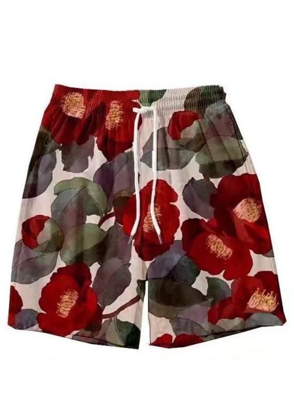 New Light Khaki Lace Up Print Elastic Waist Cotton Mens Shorts Summer - Image 3