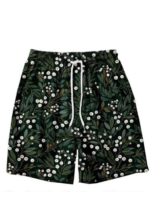 New Light Khaki Lace Up Print Elastic Waist Cotton Mens Shorts Summer - Image 5