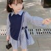 New Navy Waistcoat And Striped Dresses Cotton Girls Two Pieces Set Fall