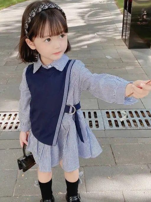 New Navy Waistcoat And Striped Dresses Cotton Girls Two Pieces Set Fall
