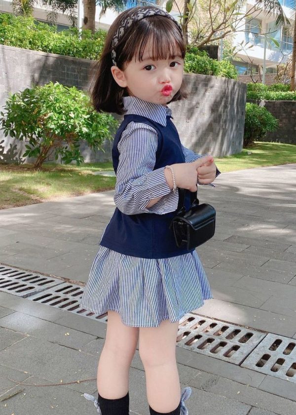New Navy Waistcoat And Striped Dresses Cotton Girls Two Pieces Set Fall - Image 3