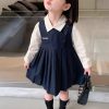 New Navy Wrinkled False Two Pieces Cotton Girls Dresses Fall