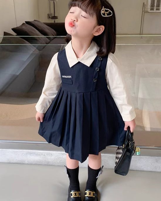New Navy Wrinkled False Two Pieces Cotton Girls Dresses Fall