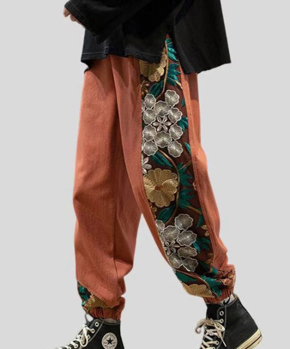 New Orange Embroideried Elastic Waist Cotton Men Beam Pants Fall