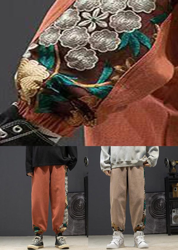 New Orange Embroideried Elastic Waist Cotton Men Beam Pants Fall - Image 5