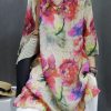 New Photo Color V Neck Print Linen Blouse Half Sleeve