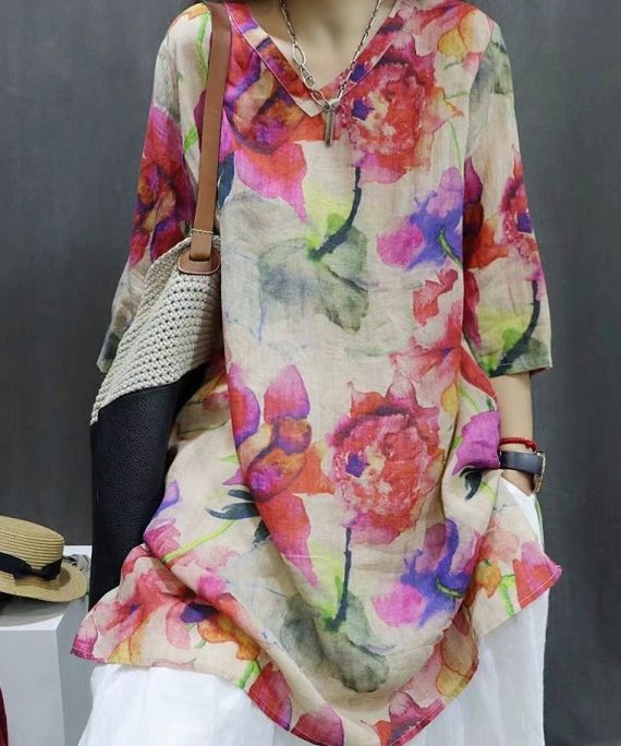 New Photo Color V Neck Print Linen Blouse Half Sleeve