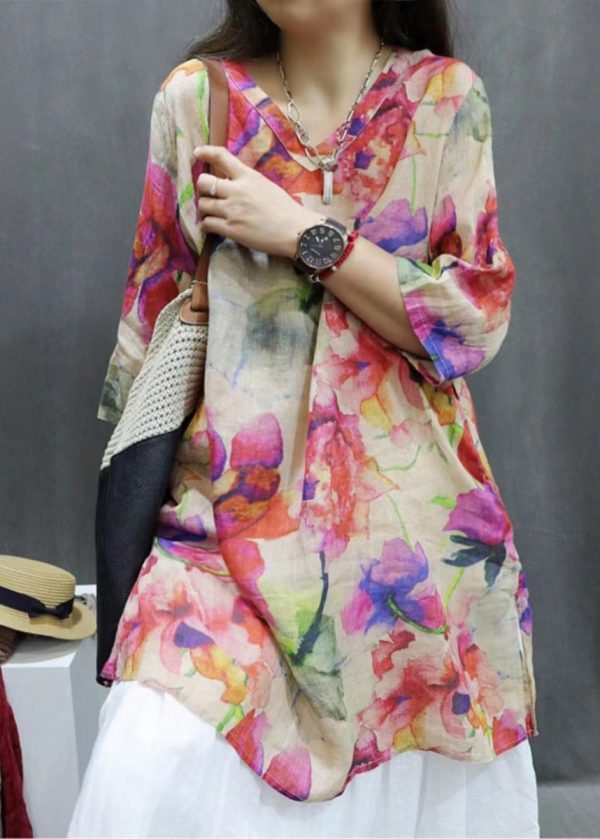 New Photo Color V Neck Print Linen Blouse Half Sleeve - Image 2