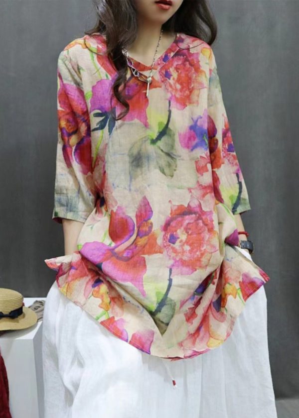 New Photo Color V Neck Print Linen Blouse Half Sleeve - Image 3