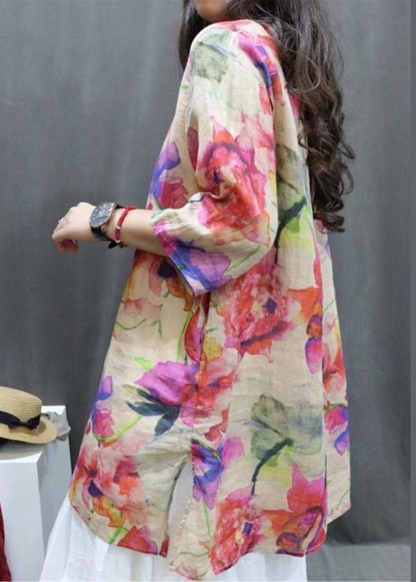 New Photo Color V Neck Print Linen Blouse Half Sleeve - Image 4