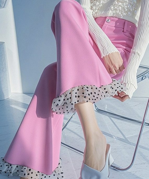 New Pink Dot High Waist Patchwork Flare Bottoms Spring