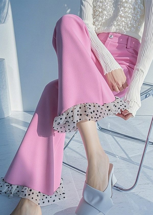 New Pink Dot High Waist Patchwork Flare Bottoms Spring
