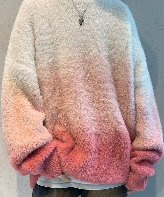 New Pink Gradient Color Thick Mink Hair Knitted Mens Sweaters Fall
