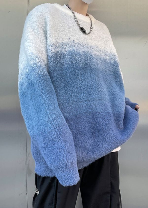 New Pink Gradient Color Thick Mink Hair Knitted Mens Sweaters Fall - Image 4
