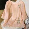 New Pink O Neck Embroidered Cotton Blouses Bracelet Sleeve