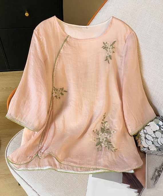 New Pink O Neck Embroidered Cotton Blouses Bracelet Sleeve