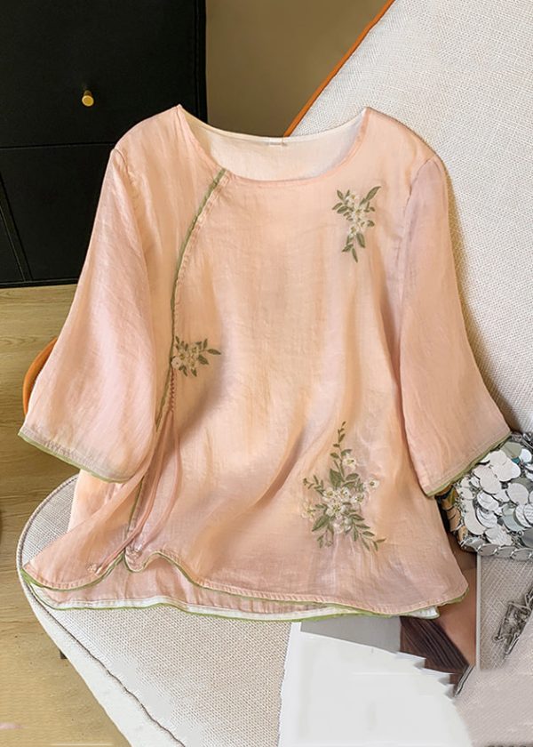 New Pink O Neck Embroidered Cotton Blouses Bracelet Sleeve